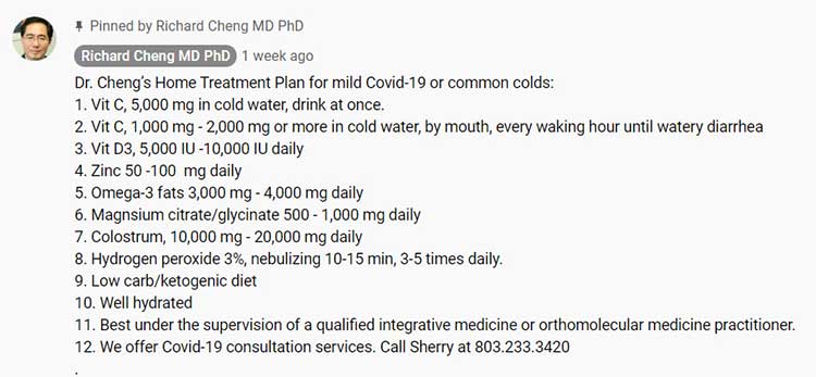 Screenshot from the YouTube channel of Dr. Richard Cheng with his Treatment Plan for mild Covid-19 cases.